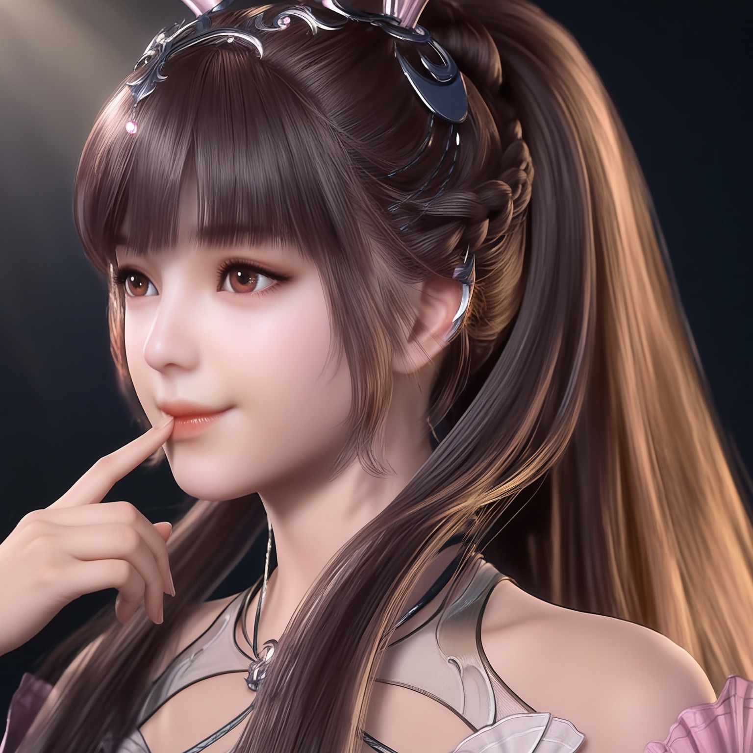masterpiece,best quality,absurdres,highres,BREAK(glamor:1.1),slender,1girl,solo,<lora:小舞-ill:0.85>,xiaowu,long hair,brown hair,hair ornament,ponytail,bunny ears,brown eyes,jewelry,braid,see-through,pink dress,looking at viewer,front view,(finger_in_mouth),upper body,light blush,(seductive_smile),BREAKsimple background,black background,rim light,Tyndall effect,Volumetric Lighting,Cinematic Lighting,realistic,depth of field,