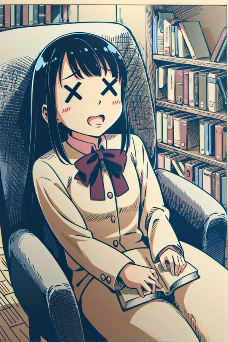 <lora:moreExpressions:1>, 1girl, solo, X X, sitting, leaning back, books, looking up, open mouth, sleeping, head rest, masterpiece, best quality,
