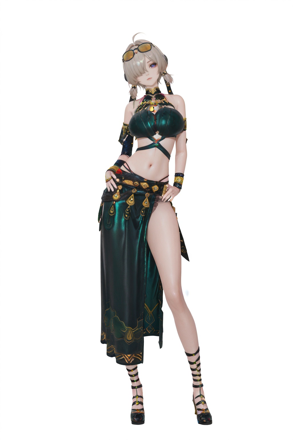 8k,best quality,masterpiece,(ultra-detailed),(high detailed skin),jijia,3d,cg,ambient light,full body,full shot,standing,looking at viewer,(solo:1.2),simple background,(white background:1.2),hand on own hip,(white background:1.1),<lora:hongdou-ill-Tanger-000014:0.8>,Sweety \(Zenless Zone Zero\), 1girl, eyewear on head, hair over one eye, purple eyes, breasts, ahoge, chinese clothes, black footwear, <lora:wunvrc-ill-Tanger:0.8>,clothes: Exotic belly dance costume,halter top,jewelry accents,hip scarf,