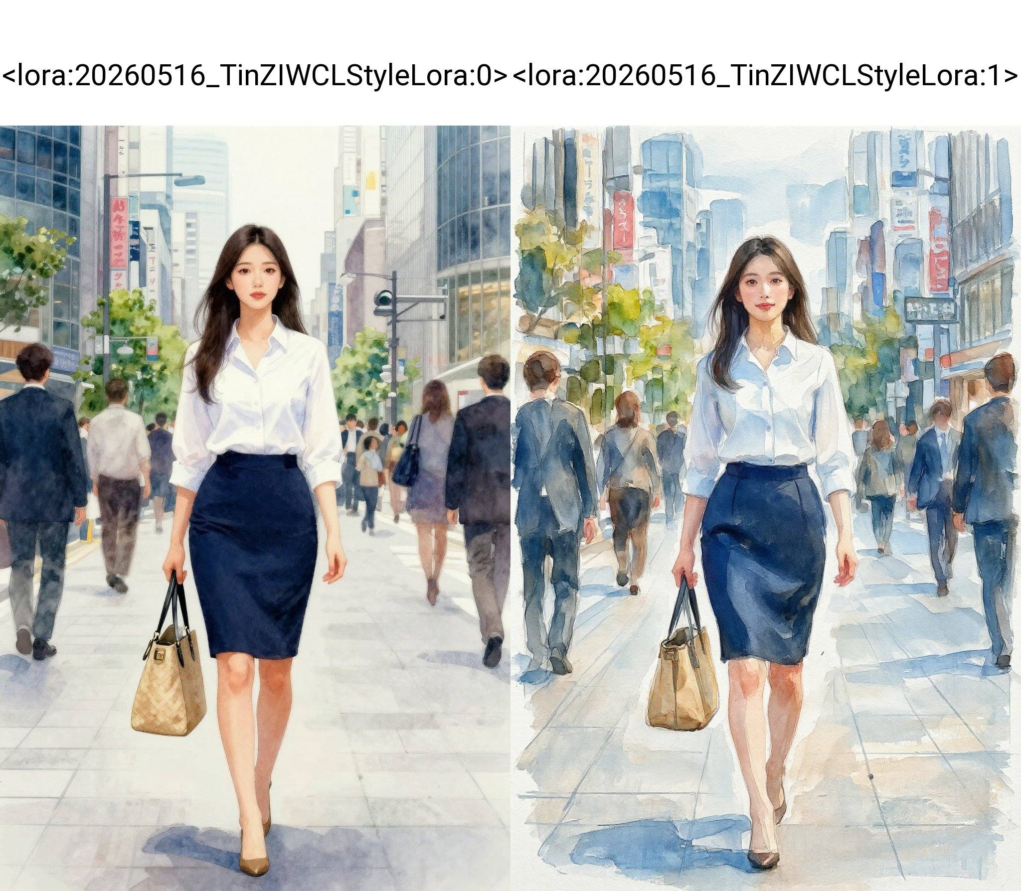 This watercolor painting style depicts a young Asian woman walking confidently down a bustling urban street. She is dresse...
