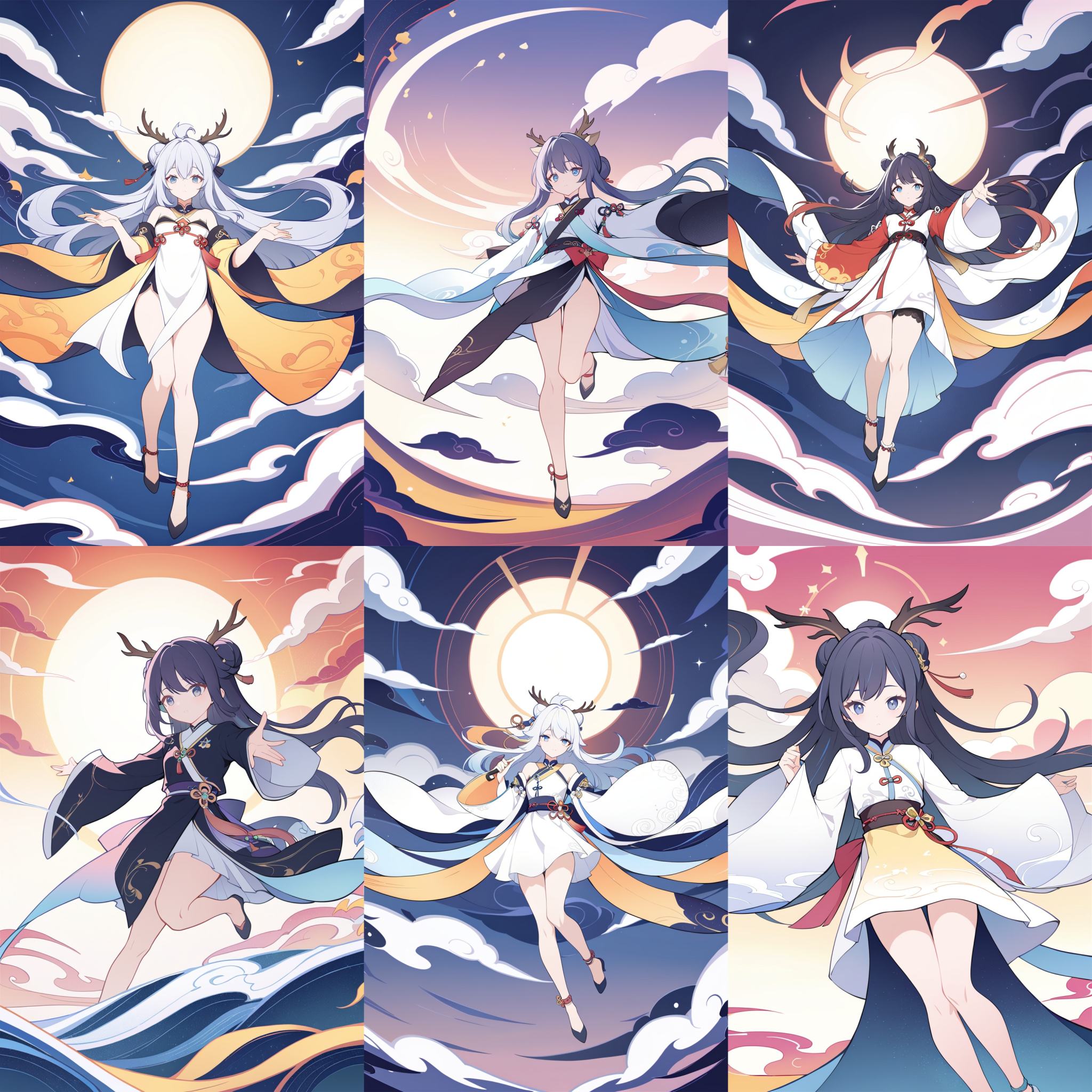 (Masterpiece:1.4),(Illustration:1.2),dynamic angle,floating,(solo),(a girl:1.3),(only girl),(bun hair),(long hair),(Elk antlers:1.3),(deer ear:1.2),(Detailed beautiful face:1.3),(Symmetrical face),(detailed Symmetrical eyes),(detailed beautiful Wide Sleeves hanfu),(Colorful auspicious clouds:1.3),(Colorful),Chinese ink,color ink,((China-Chic Illustration)),Oriental Art,Chinese Painting,((Chinese fad Illustration)),<lora:liyueFP8-000002:0.7>,