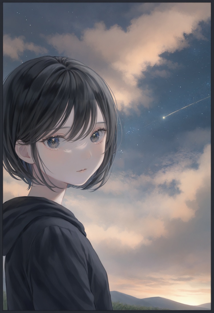 best quality, masterpiece,solo, 1girl, white background, looking at viewer, black hair, simple background, upper body ,sky, cloud, star (sky), border, scenery, outdoors, black border, starry sky, cloudy sky, sunset  <lora:poireXLlokr4f-000287:0.7>
