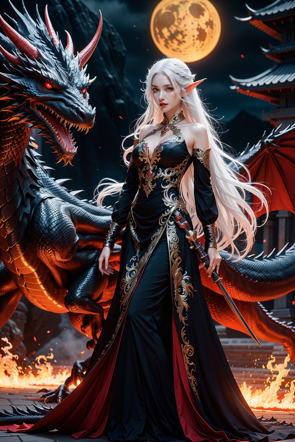 1girl,long hair,red eyes,dragon,pointy ears,dress,white hair,black dress,holding,breasts,looking at viewer,weapon,bare shoulders,detached sleeves,standing,solo,holding weapon,fantasy (奇幻),red lips,glowing eyes,elf,braid,glowing,medium breasts,fire,outdoors,clothing cutout,teeth,jewelry,<lora:LONGNV_20240430205652:0.6>,