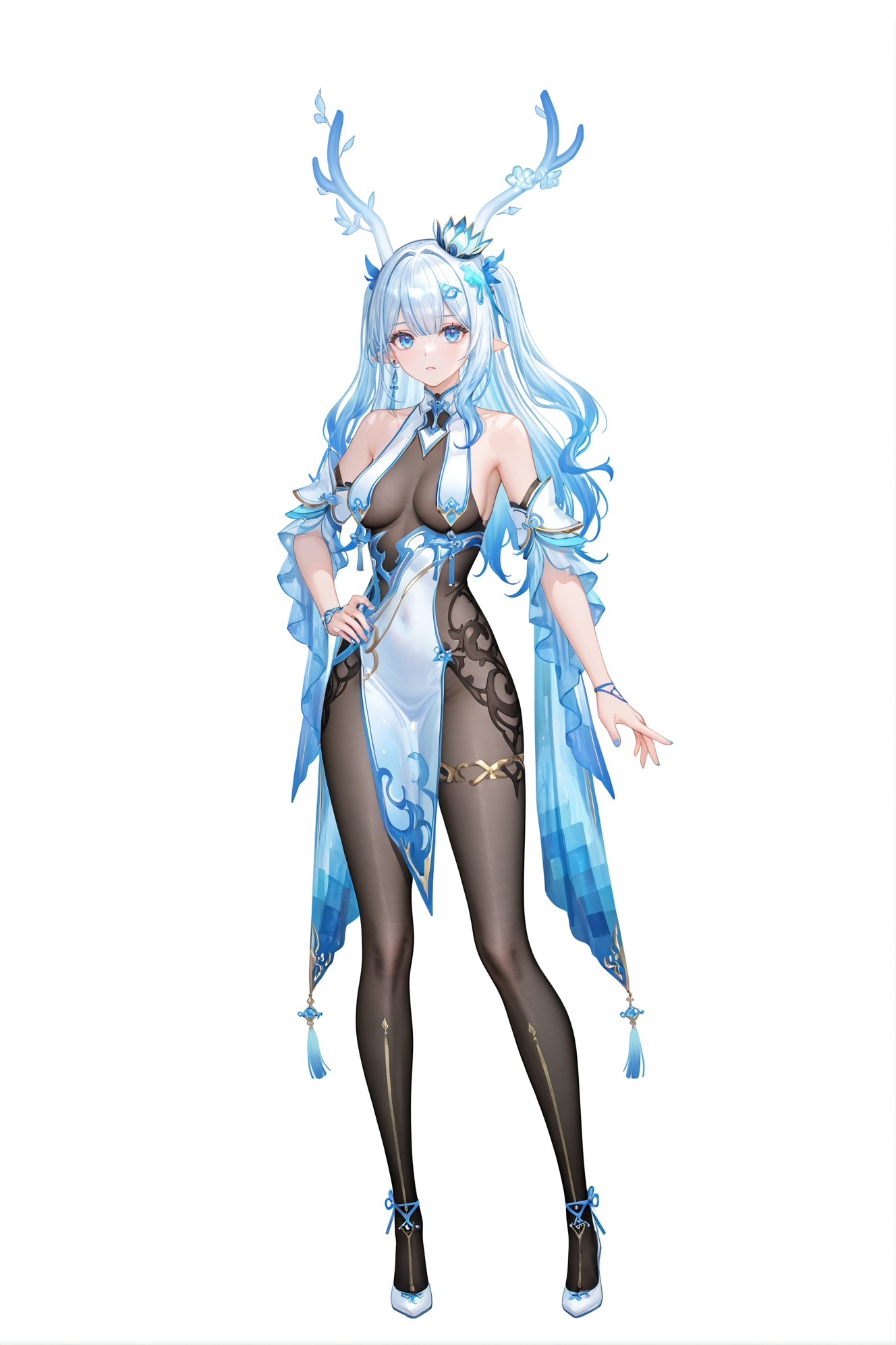 8k,best quality,masterpiece,(ultra-detailed),(high detailed skin),((artist:reoen),(artist:fuzichoco),(artist:atdan),(artist:torino_aqua),year 2024:0.8)1girl,[artist:wlop],[artist:ningen_mame],artist:ciloranko,[[artist:rhasta]],artist:tidsean,colorful,full body,full shot,standing,(solo:1.2),simple background,(white background:1.2),hand on own hip,(white background:1.1),<lora:weimo-ill-Tanger-000013:0.8>,weimo \(book of yog\),feibai,clothes: feibai clothes,feibai qipao dress,feibai black pantyhose,feibai hair ornament,feibai blue-and-white deer horns,feibai detached sleeves,1girl,breasts,blue eyes,white hair,blue hair,multicolored hair,long hair,bare shoulders,pelvic curtain,asymmetrical dress,