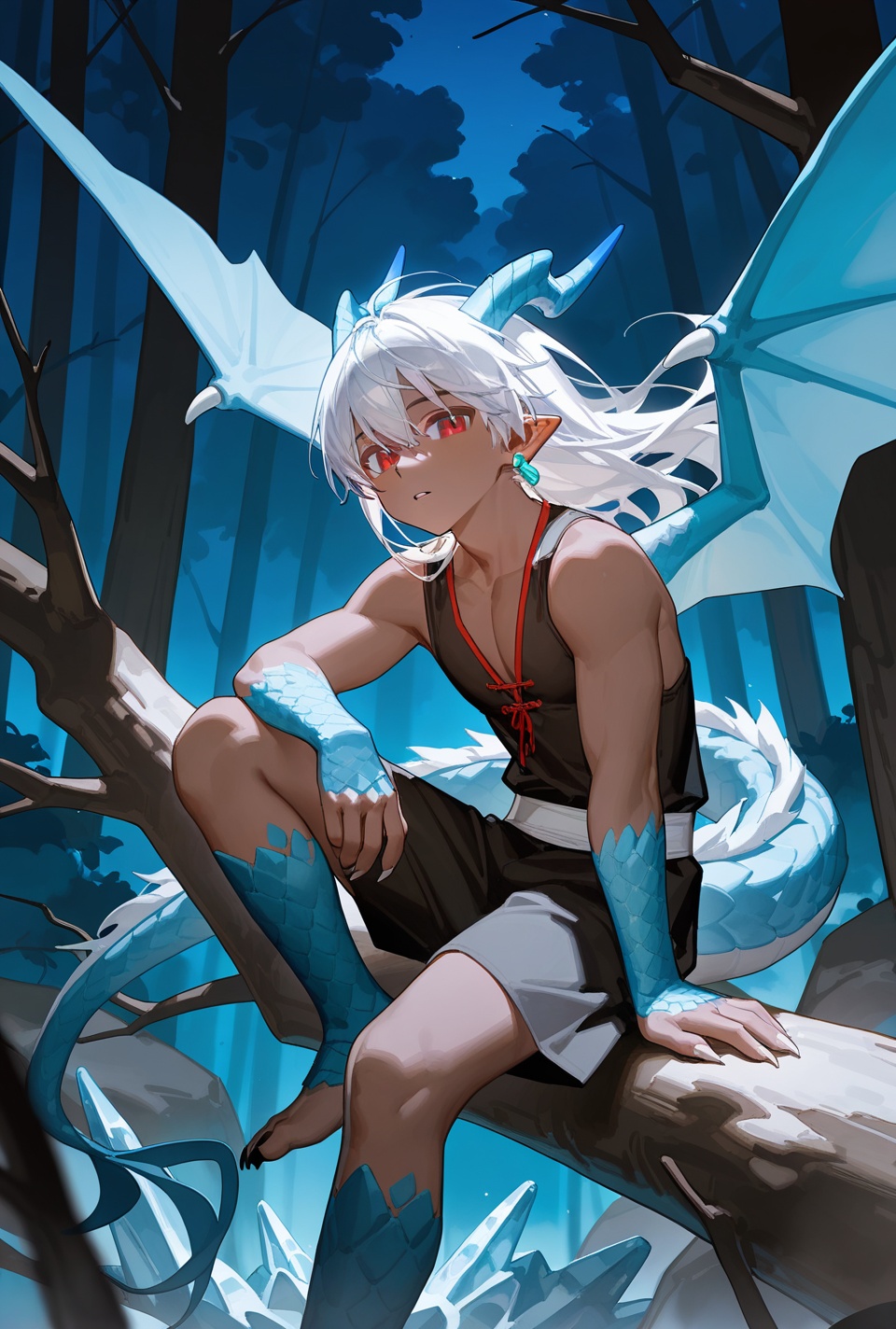 (male:2),(1boy:1),red eyes,solo,wings,horns,long hair,white hair,tree,tail,dark skin,looking at viewer,sitting,nature,forest,dark-skinned male,claws,outdoors,earrings,dragon boy,fingernails,in tree,bare tree,jewelry,collarbone,bare shoulders,colored skin,monster boy,cleavage,dragon tail,night,sharp fingernails,floating hair,ice,glowing,open mouth,bone,dragon horns,dragon wings,parted lips,scales,branch,knee up,sitting in tree,[artist:ningen_mame],artist:ciloranko,[artist:sho_(sho_lwlw)],[[tianliang duohe fangdongye]],[[artist:rhasta]],best quality,amazing quality,very aesthetic,absurdres,masterpiece,