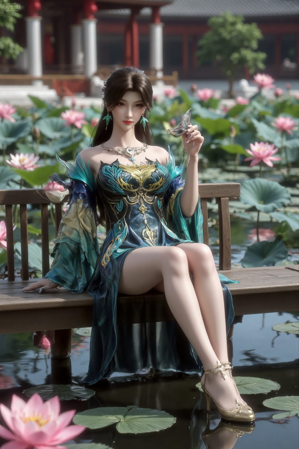 (masterpiece:1.2),best quality,The image is a digital illustration of a young woman sitting on a wooden bench in a pond with lily pads. She is wearing a long dress with design on the chest and sleeves. The dress has a high neckline and short sleeves,Holding a lo*** *n hand. She has long dark hair styled in loose waves and is wearing gold high heels. The woman is posing with one hand on her hip and the other resting on the edge of the bench. The background is filled with pink and white lotus flowers and green leaves. The overall mood of the image is peaceful and serene,(huge breasts:2.99),(full breasts:2.99),(Background with traditional Chinese architecture, lotus pond and pink lotus flowers:1.39),X******Y,XyueliuY,Xyunwangshu,XlishaoyinY,XyunwangshuxiheY,XlinziyueYH,XtangzichenK,Xnuwashenian,Xbigbreasts,XyanqingfeiY,XyinyueXH,, Negative prompt: ng_deepnegative_v1_75t,(badhandv4:1.2),EasyNegative,(worst quality:2),,nsfw, Steps: 30, Sampler: DPM++ 2M, CFG scale: 3.5, Seed: 1974272356, Size: 1024x1536, Model hash: 062dad72b2, Model: 麦橘超然majicFlus_v1.safetensors, Denoising strength: 0, RNG: CPU, Lora 1: 20250818-1755535685144-0013, Lora Hash 1: 68527fd6dd, Lora Weight 1: 1.0, vae_name: automatic