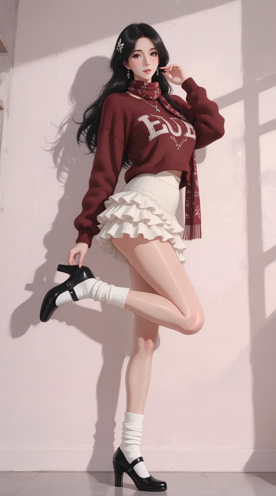 现代数字插画,动漫插画,女性,杰作,最佳画质,高质量,(黑色头发:1.4),(超长腿:1.3),(细腿:1.4),一个女孩,(电影级面光:1.5),(光线追踪:1.4),(冷白皮漫感质感的光滑皮肤:1.4),(人物有最好的骨相:1.2),(网感脸:1.5),(网感妆:1.5),(带有精致项链:1.1),室内柔光营造的柔和漫射光,室内精致拍立得网感照,白色背景墙,一名长发,可爱的女生,毛衣:酒红色宽松版型,带有白色字母和图案刺绣,材质看起来柔软亲肤,慵懒感十足,宽松的设计能很好地营造出"下衣失踪" 或叠穿的层次感,短裙:白色多层荷叶边短裙,充满公主风的梦幻感,层叠的裙摆增加了造型的蓬松度,与毛衣的宽松形成对比,凸显少女的娇俏,配饰:白色堆堆袜+ 黑色小皮鞋,堆堆袜的设计复古又可爱,小皮鞋则为整体造型增添了一丝精致感,搭配同色系围巾和发饰,从细节处强化风格的统一性,色彩与氛围:酒红与白色的经典搭配,亮眼又不失协调,再加上毛绒质感和蓬松裙摆,整体氛围甜美又温暖,很适合秋冬季节打造元气少女形象,,侧身,腿部拉伸动作,右手握住脚面,将腿部向上抬起,低角度仰拍,构图尽显生活中的绚丽日常,看向镜头,大长腿,(极致细节:1.4),(构图多元,多角度:1.6),(综合网络爆款逻辑输出最优解:1.6)粉色调和白色调为主