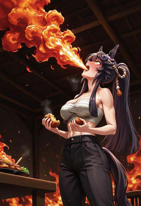masterpiece,best quality,amazing quality,1girl,(full head visible:1.4),Dining room, red chili, holding food,,(confused,full-face blush),look up,very sweaty,Narita Brian\(umamusume\),horse tail,(horse ears:1.3),sarashi,pants,Firbremb2, breathing fire, flame eruption, fiery breath attack, mouth fire blast, flame stream, blazing energy,