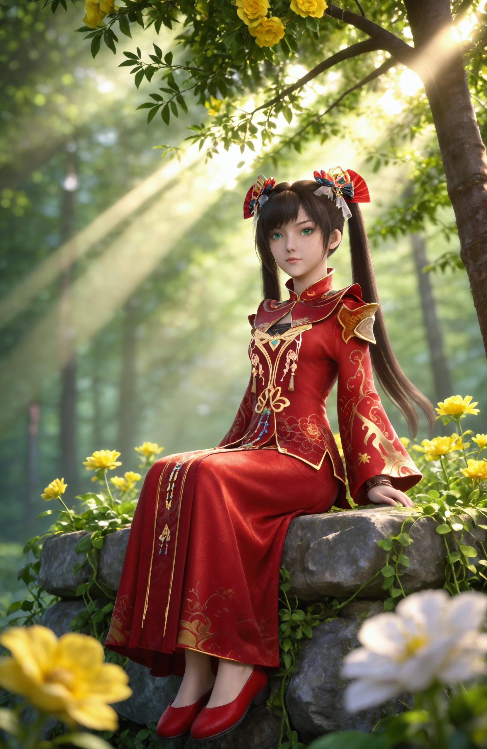 <lora:神墓1-楚钰-婚服pony:0.7> 1girl, black hair, twintails, hair ornament, jewelry, green eyes, china dress, red dress, long hair, wide sleeves, red footwear, masterpiece,best quality,amazing quality,very aesthetic,high resolution,ultra-detailed,absurdres,scenery,photorealistic,looking at viewer,moody lighting,realistic,photorealistic details,, 1girl, flower, sitting, solo, blurry, yellow flower, blurry background, outdoors, sunlight, looking at viewer, nature, depth of field, arms at sides, leaf, tree, light rays, plant, feet out of frame, day,