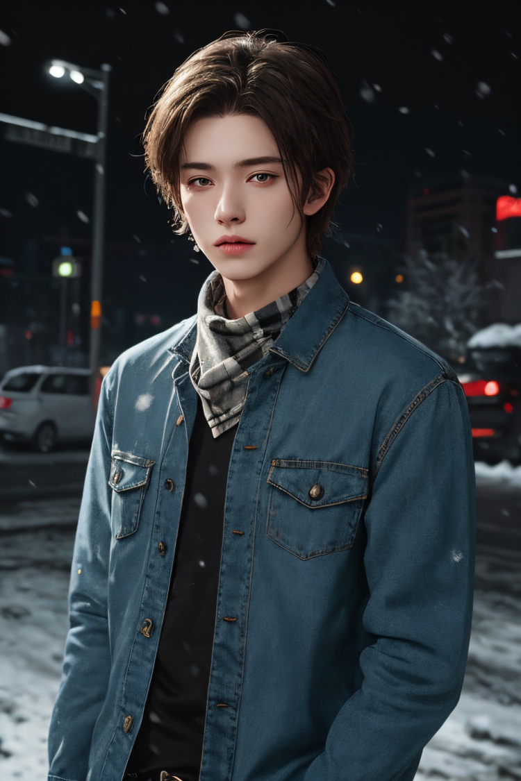 photographic of a boy, clear facial contour, upper body, looking at viewer, grunge style, flannel shirts, ripped jeans, oversized sweaters, combat boots, bandanas, layered clothing. BREAK, It's snowing. Streets. Fog.BREAK, 35mm photograph, grainy, professional, 8k, highly detailed, Hasselbald 50mm lens f/1.9, [by ethan for CGArt Mayfly model]