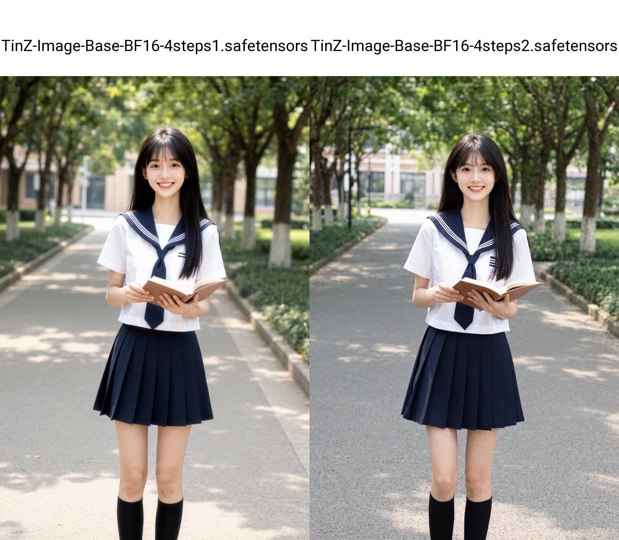 A young Asian woman, estimated age range 18-22, stands gracefully on a paved pathway, smiling warmly. She wears a classic school uniform comprising a white short-sleeved blouse with a navy blue sailor collar and tie. Her skirt is a pleated navy mini-skirt, contrasting with the white blouse. She has long, straight black hair with a fringe, slightly covering her eyebrows. Her skin is fair, smooth and her eyes are dark. She holds an open book with a brown cover, her expression radiating joy. Her legs are slender, and she is wearing knee-high black socks. The path is lined with tall trees, casting soft shadows across the scene, indicating bright daylight. The background reveals a building in the distance, partially blurred. The overall lighting is natural and even, enhancing the colors and details. The composition is a medium shot, slightly from a low angle, enhancing her presence. The image conveys a cheerful, youthful, and vibrant mood, possibly a school setting, with an air of pleasantness. Art style can be described as detailed realism with soft, warm tones.