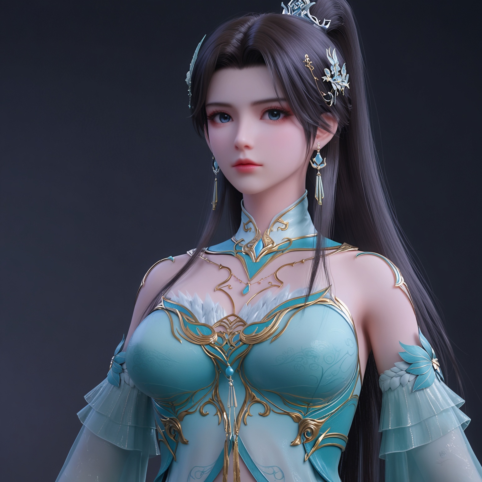 <lora:ponyxiaoxuner3:0.7>,1girl,solo,long_hair,dress,hair_ornament,jewelry,earrings,black_hair,ponytail,expressionless,green_dress,bare_shoulders,blue_dress,detached_collar,blue_eyes,detached_sleeves,tassel_earrings,white_dress,see-through,chinese_clothes,skirt,BREAK score_9,upper_body,portrait,shiny_skin,looking at viewer,cinematic lighting,volumetric lighting,solo focus,(huge breasts:0.9),(simple background,pure black background,black background:1.1),