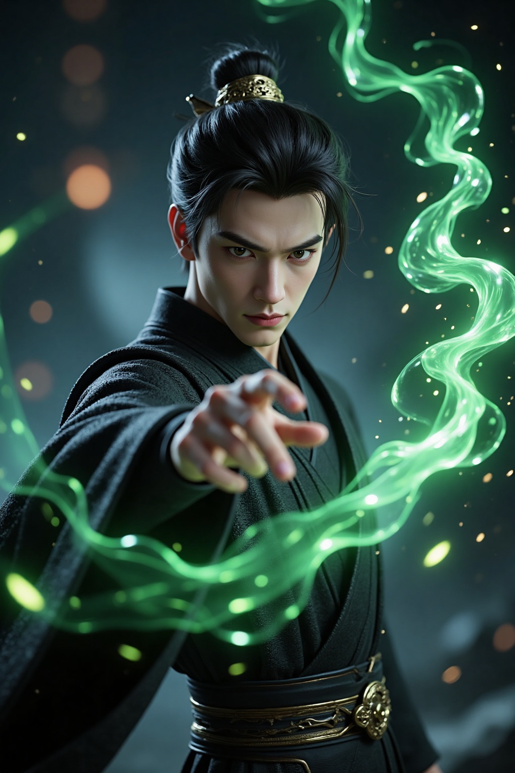 CGI,an extremely handsome young man wearing black robe,using magic power,(casting glowing Chinese magic spell:0.7),(glowing green Chinese texts:0.8),VFX,(glowing energy fluid:0.8),special effects,(glowing energy effects:0.8),(glowing green magic effects:0.8),dynamic movements,highly detailed,32K UHD,best quality,masterpiece,close-up,upper_body,game cg,Cinematic Lighting,reality,realistic,boy,