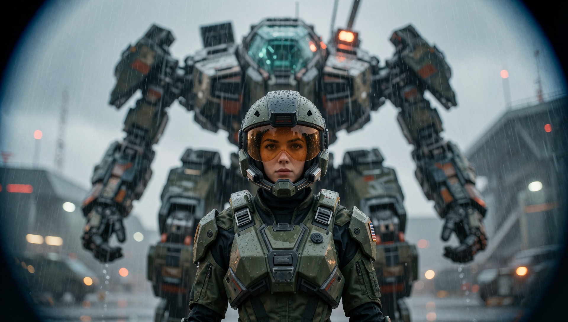 cinematic film still portrait of a solo female mech pilot standing in front of her ,  scifi armor,  military base on Tenso...