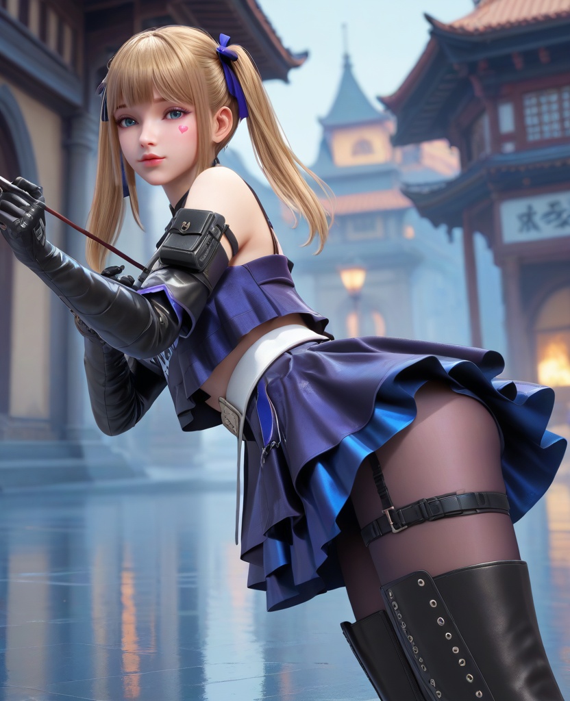 (oriental architecture, elegant decor, sophisticated style:1.1),(Archer's Stance, Holding an imaginary bow, ready to shoot an arrow with intense focus,:1.1),(breasts:1.2),<lora:XL16穿越火线晴雅保卫者:0.95>,miss qingya,black latex camisole,blue eyes,heart facial mark under left eye,blonde hair,twintails,hair ribbon,blue faux two-piece skirt,white belt,brown pantyhose,thigh strap,lips,black glove sleeves,black thigh boots,latex shorts,, score_9,score_8_up,score_7_up,score_6_up,score_5_up,score_4_up,3d rendering,tag1,tag2, Cinematic Lighting,backlighting,, zPDXL3, zPDXL2,zPDXL, zPDXLxxx, zPDXLrl,