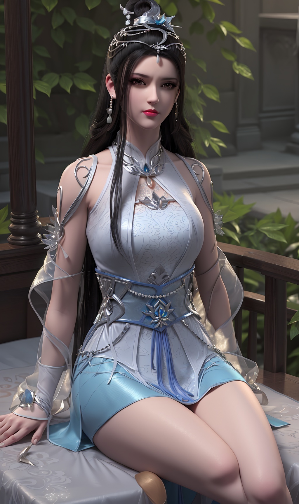 3D,masterpiece,(best quality),(makeup),official art, extremely detailed cg 8k wallpaper,((crystalstexture skin)), (extremely delicate and beautiful),(highly detailed),(face),(headdress),(1girl), (solo), (jewelry), (earrings),(black_hair),(long_hair),(hair_ornament),(handwear),(silk_ribbon),(breast),(wristband),(sitting),,,((upper_body)),(long_dress,long_skirt),(chinese_clothes),(multicolored_clothes),(multicolored_dress),(shiny_clothes:),(long_legs),((closed_mouth)),(sunshine, outdoor,bed),((looking_at_viewer)),((Facing the camera)),, <lora:hipoly3DModelLora_v10:0.3>