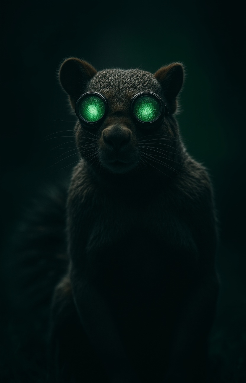 vantablack,  a buff and tattooed squirrel at night is wearing green glowing night-vision goggles ,  tactical espionage on...