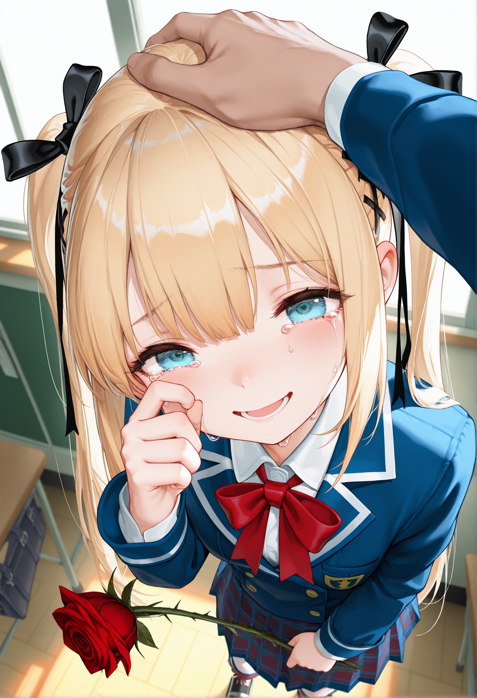 masterpiece,best quality,amazing quality,very aesthetic,absurdres,newest,(otokoe:0.5),(bodhi wushushenghua:0.5),(torino:0.5),1girl,marie rose,holding the rose,tears of joy,one hand wiping tears,from_above,happy,school_uniform,class_room,boy touches girl's head,