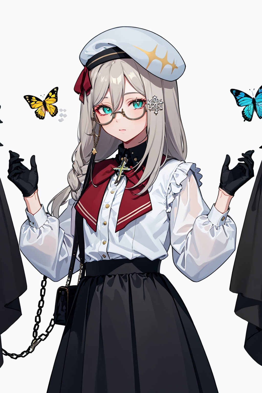 masterpiece,best quality, highly detailed, aia amare,solo, 1girl, black gloves, white background, long sleeves, looking at viewer, vest, simple background, long skirt, white shirt, black skirt, closed mouth, chain, black headwear, collared shirt, round eyewear, beret, hands up, cross earrings, yellow butterfly,<lora:aia_amare:1>