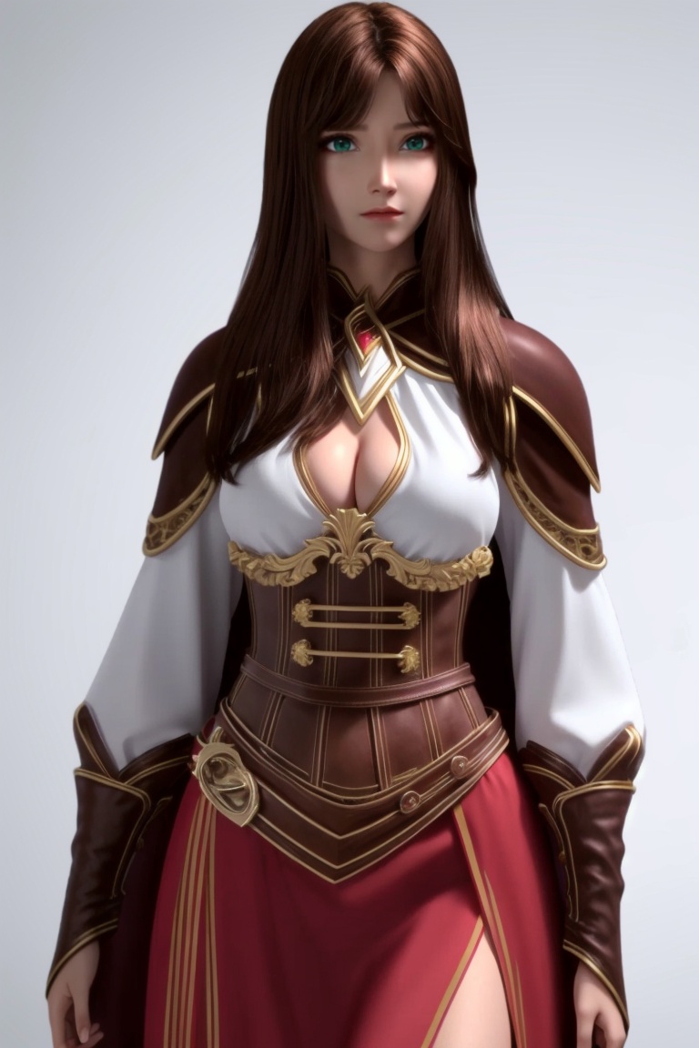((HRD, HUD, 8K)),((masterpiece, best quality)), highly detailed, soft light,1girl, solo, brown hair, long hair, green eyes, lips, breasts, cleavage, cleavage cutout, medium breasts, armor, clothing cutout, skirt, thighhighs, cape,simple background, white background, cowboy shot, standing, looking at viewer,  <lora:20240402-1712019493265:0.71>
