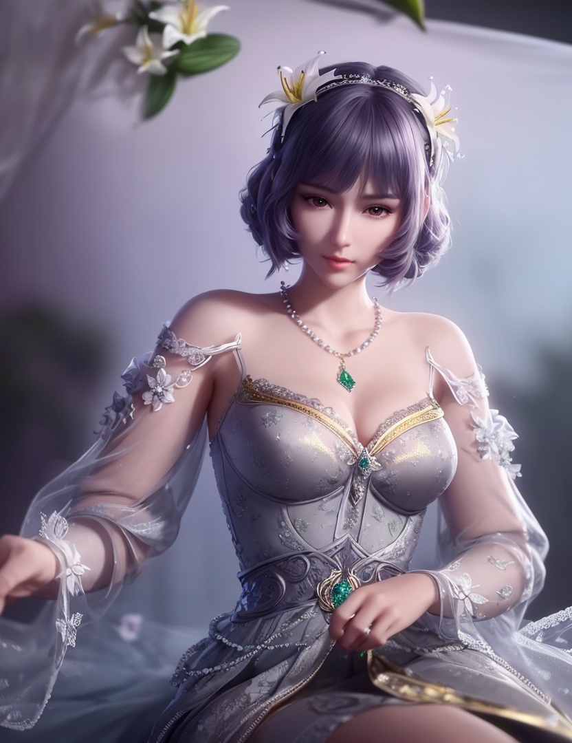 ultra realistic 8k cg, picture-perfect face, flawless, clean, masterpiece, professional artwork, famous artwork, cinematic lighting, cinematic bloom, perfect face, beautiful face, fantasy, dreamlike, unreal, science fiction,   lace, lace trim, lace-trimmed legwear,  (rich:1.4), prestige, luxury, jewelry, diamond, gold, pearl, gem, sapphire, ruby, emerald, intricate detail, delicate pattern, charming, alluring, seductive, erotic, enchanting, hair ornament, necklace, earrings, bracelet, armlet,halo((,1girl, pov,))  ((, 1girl, solo, star_\(symbol\),lily \(flower\),hair flower, dress, jewelry))<lora:DA_BaiChenXiang:0.6>