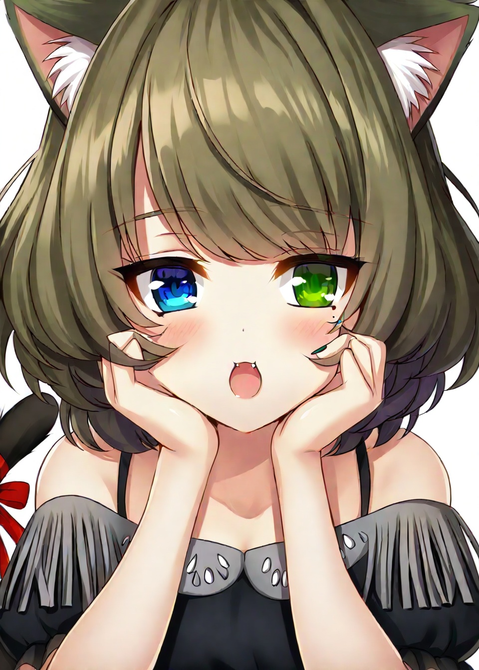 1girl, animal ears, tail, takagaki kaede, solo, cat tail, cat ears, blush, hands on own face, heterochromia, white background, short sleeves, blue eyes, green eyes, open mouth, hands on own cheeks, brown hair, simple background, mole, mole under eye, nail polish, puffy sleeves, tail ornament, dress, short hair, ribbon, puffy short sleeves, animal ear fluff, tail ribbon, black dress, cat girl, upper body, red ribbon