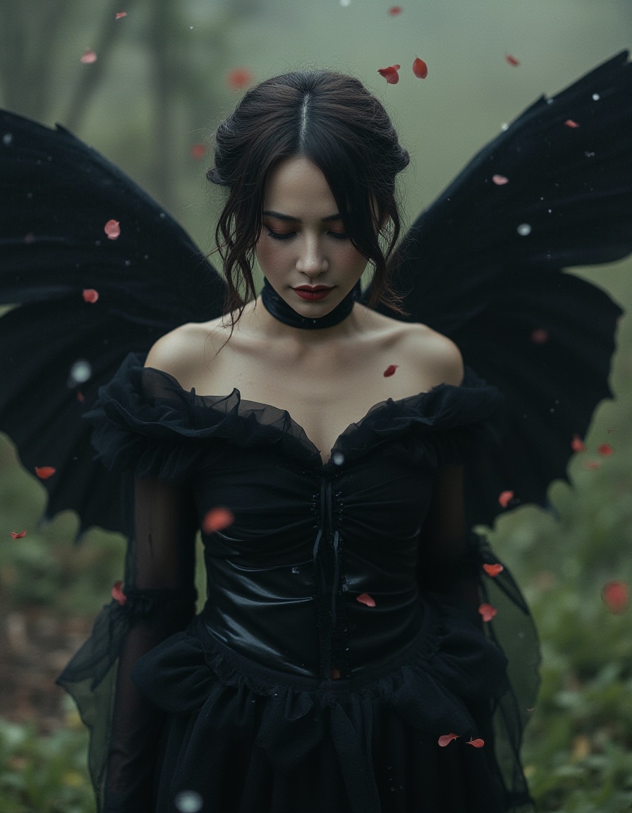 realistic portrait,film style,upper body,Aesthetics of material mourning,illusory and ethereal fairy with black wings,Gothic clothing,the background is the sacred symbol of ideal beauty that is about to disappear,translucent petals drifting with the wind,fluorescent raindrops like broken shadows,a little cold tone,natural hiding color method,complementary color coloring,hazy soft color,warm and glossy,frame composition,like dream,mystery,aestheticism,