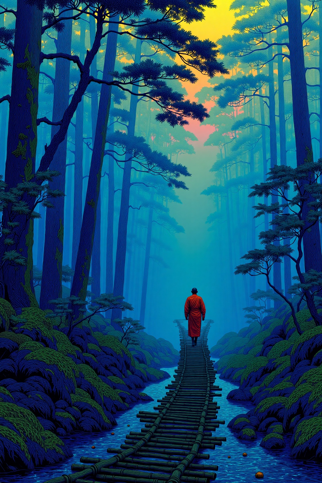 beijihui,a monk walking across a misty bamboo bridge at dawn, distant waterfall echoes, deep forest zen landscape 