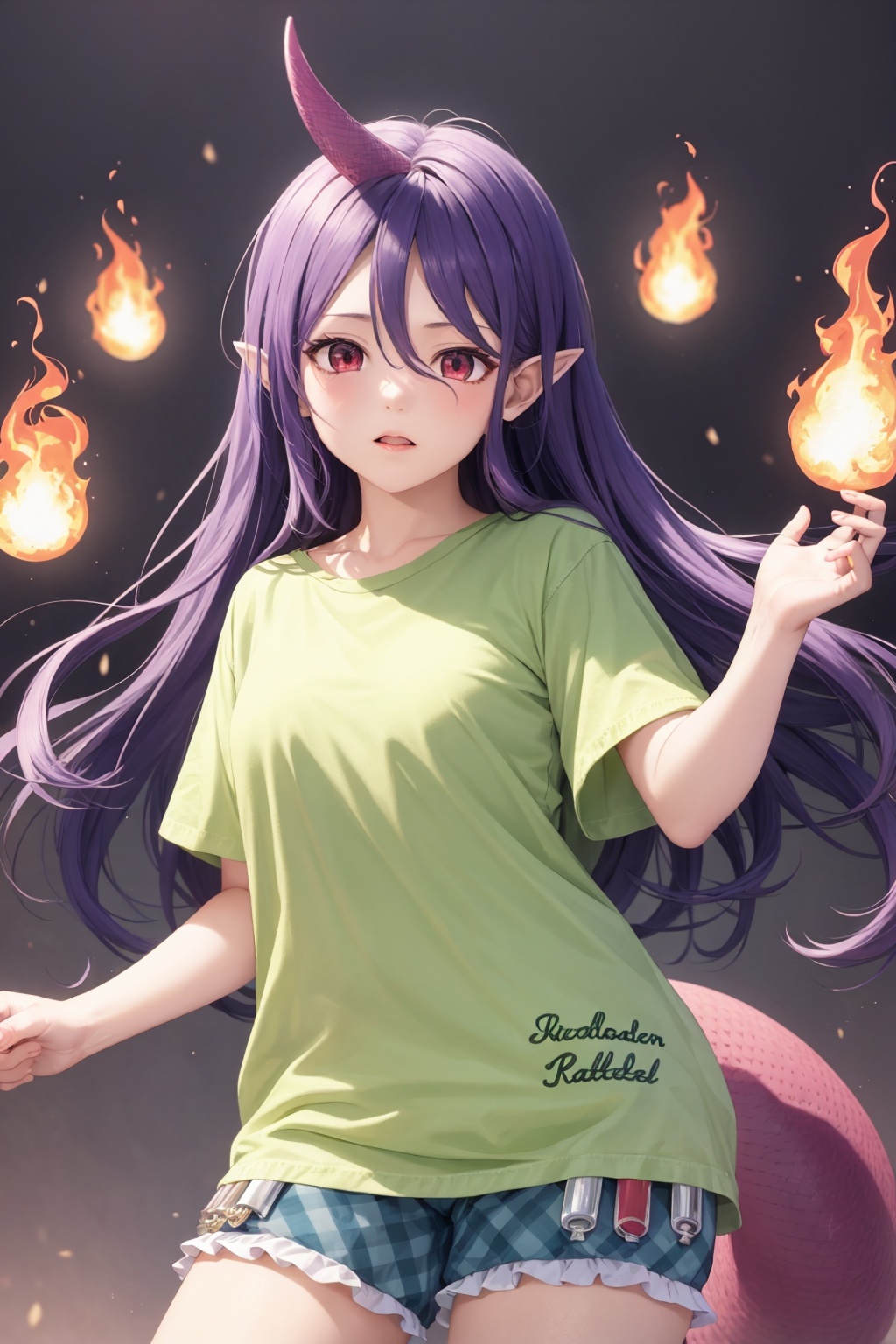 masterpiece, best quality, <lora:TenkajinChiyari:1>,1girl,single horn, long hair,purple hair, pointy ears, red eyes,green shirt,short sleeves, green shorts,plaid shorts,dragon tail,fire,grey background, cowboy shot, 