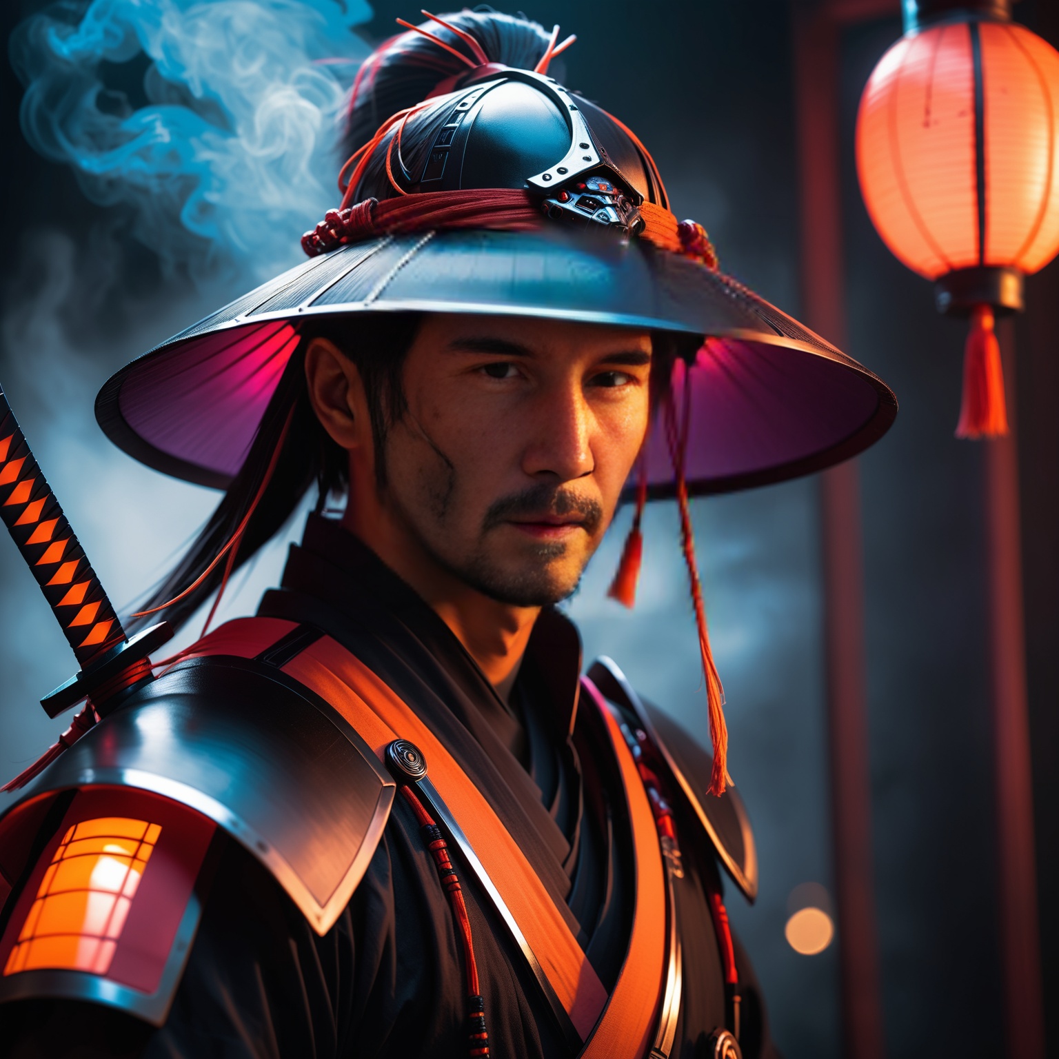 cinematic film still high quality,  Red and Grey color graded glamour portrait photo of Male Cyborg Samurai,  macro on Ten...