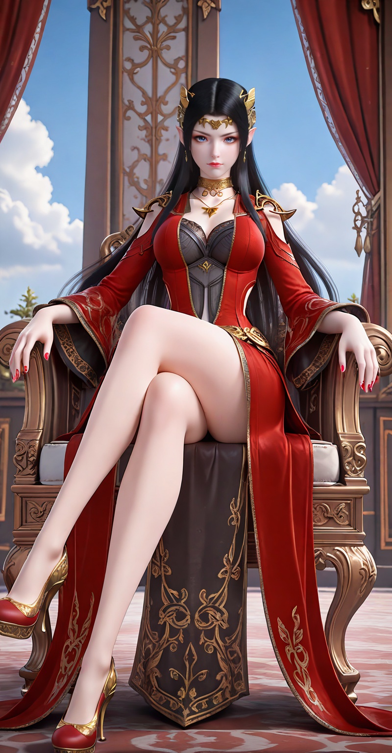 masterpiece,best quality,amazing quality,4k,very aesthetic,high resolution,ultra-detailed,absurdres,newest,scenery,3d,<lora:美杜莎ILL:0.7>,meidusha,1girl,sitting,solo,long hair,dress,crossed legs,red footwear,red dress,sky,black hair,jewelry,bare legs,blue sky,clothing cutout,red nails,high heels,full body,pointy ears,breasts,cloud,chair,blue eyes,hair ornament,looking at viewer,earrings,curtains,closed mouth,necklace,throne,legs,