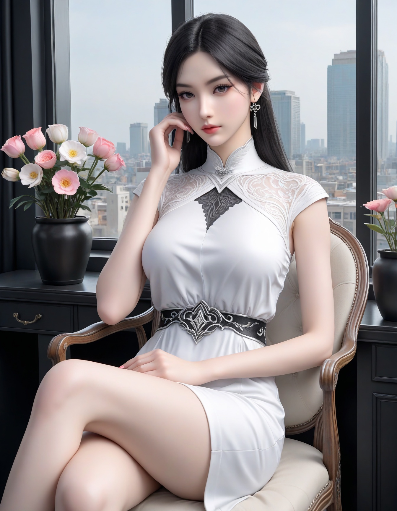 masterpiece,ultra-HD,photorealistic,high detail,best quality,8k,best quality,sharp focus,1girl,SFXuanYi,breasts,large breasts,looking at viewer,lipstick,white dress,black hair,makeup,eyelashes,pink nails,solo,full shot,cowboy shot,chair,sitting,window,indoors,cross legs,flower flower pot,city,<lora:SF_ZhaoQingHan_IL_Real_v50-000004:0.7>,