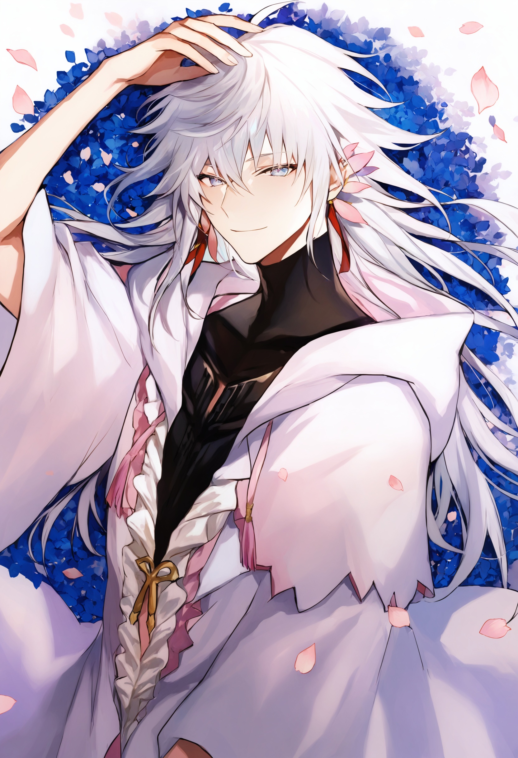best quality, masterpiece,1boy, solo, male focus, merlin \(fate\), long hair, white hair, smile, robe, hair between eyes, hood, very long hair, petals, upper body, simple background, blue eyes, purple eyes, looking at viewer, long sleeves, bishounen, wide sleeves, bangs, white robe, closed mouth, hooded robe, center frills, ribbon, hood down, hair ornament, white background, frills ,_背景<lora:lpmyaXLlokr4f-000143:1>