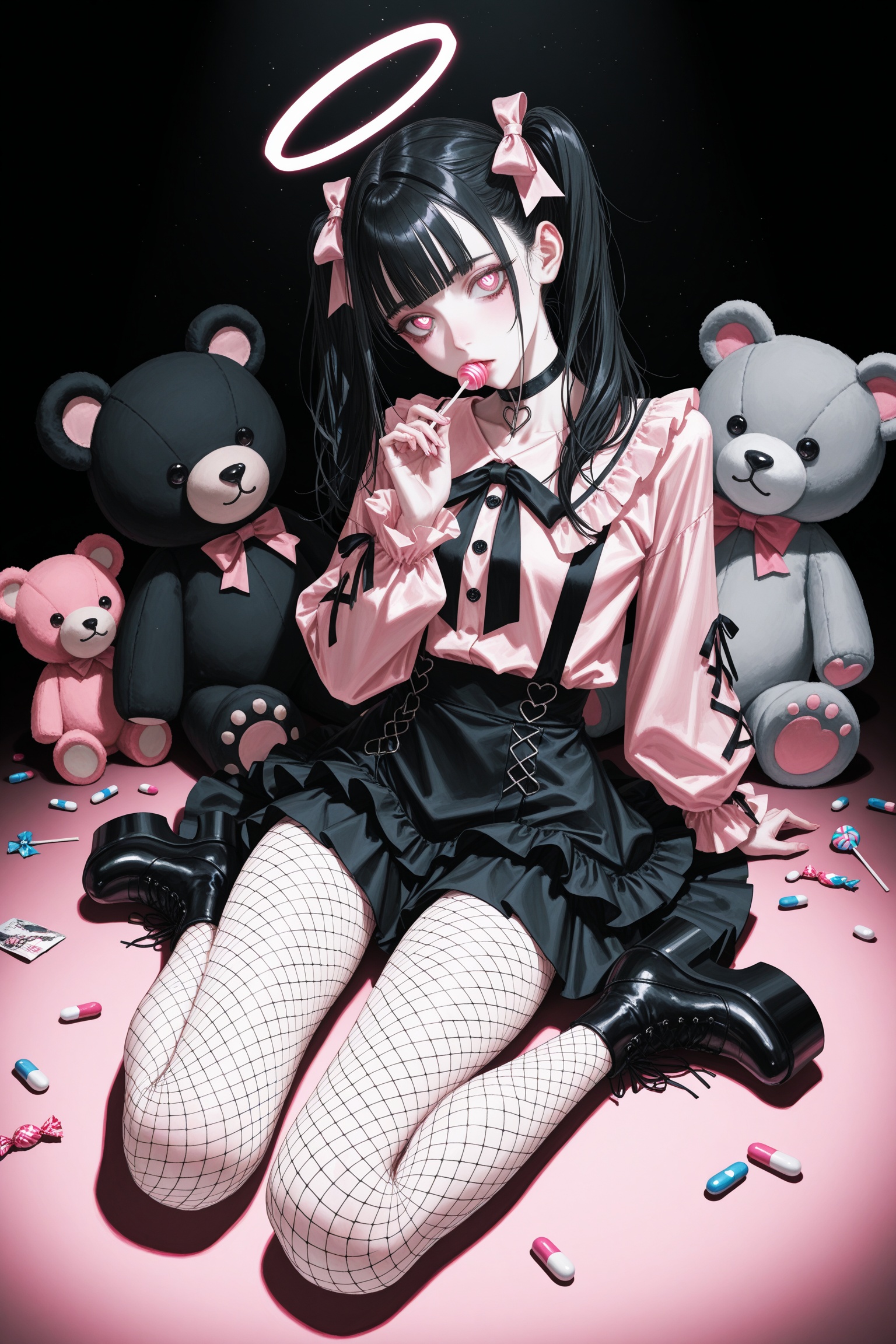 (different_shadow :1.1),dark theme,dark room,(reoen:1.1),[wanke:betabeet:8],jirai_kei,1girl,solo,long_hair,looking_at_viewer,bangs,black_hair,long_sleeves,bow,ribbon,twintails,sitting,monochrome,hair_bow,heart,pantyhose,frills,food,shoes,choker,blunt_bangs,black_skirt,pink_eyes,halo,heart-shaped_pupils,stuffed_toy,pink_background,stuffed_animal,frilled_skirt,pink_bow,fishnets,candy,bandaid,pink_shirt,teddy_bear,lollipop,fishnet_pantyhose,platform_footwear,pink_theme,pill,dynamic pose,dutch angle,head tilt,masterpiece,best quality   spotlight,shadow,masterpiece,best quality,amazing quality,(artist:quasarcake:0.8),extreme aesthetic,(wlop:0.6),honjou honjou raita,lack,rella,wanke,raita,masterpiece,best quality,good quality,newest,year 2024,year 2023,very aesthetic,absurdres,Visual impact,A shot with tension,ultra-high resolution,32K UHD,sharp focus,best-quality,masterpiece,Emotionalization,unconventional supreme masterpiece,masterful details,temperate atmosphere,with a high-end texture,in  the style of fashion photography,(Visual impact:1.2),giving the poster a dynamic and visually striking appearance,impactful picture,offcial art,movie perspective,masterpiece,best quality,amazing quality,very aesthetic,absurdres,best quality,newest,close-up,
