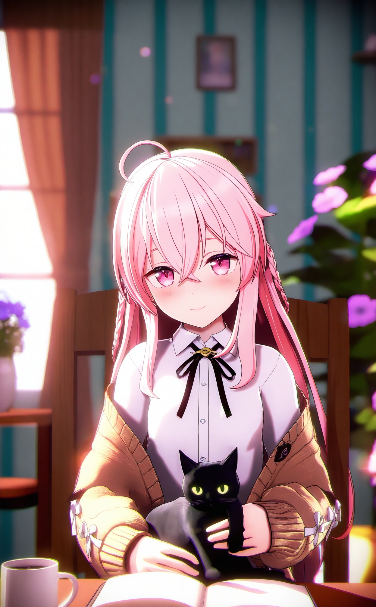 masterpiece,absurdres,best quality,loli,petite,high quality,chromatic_aberration,//,1girl,shirt,cup,white shirt,collared shirt,flower,cat,indoors,window,pink hair,holding,looking at viewer,animal on lap,smile,braid,sitting,pink eyes,on lap,hair between eyes,ahoge,holding cup,solo,long hair,long sleeves,black cat,open clothes,closed mouth,crossed bangs,glasses,chair,neck ribbon,blue flower,brown jacket,off shoulder,curtains,jacket,plant,mug,blush,potted plant,ribbon,on chair,sunlight,open jacket,blurry,black ribbon,sidelocks,unworn eyewear,cardigan,brown cardigan,book,vase,pink flower,coffee mug,purple flower,breasts,table,petting,//,3d,Depth of field,(colorful),hdr,Tyndall effect,depth of field,Tyndall Effect,blurry,blurry_background,depth_of_field,bokeh,glowing,//,<lora:MMDguangwuran5——【noob】hans:1>,