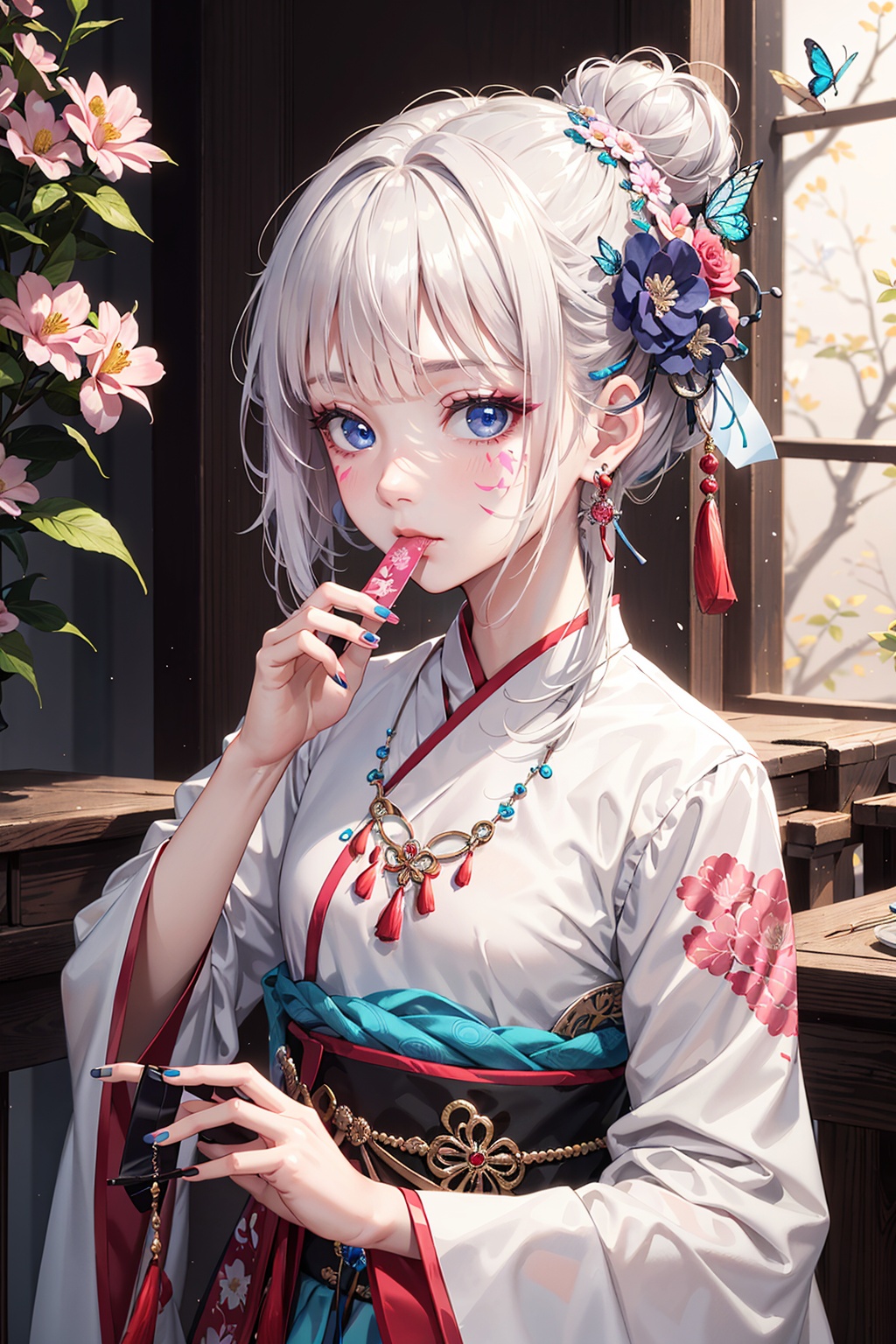 masterpiece,best quality,high quality,(colorful),loli,1girl,hair ornament,hand fan,jewelry,solo,butterfly,bug,holding fan,folding fan,hair flower,holding,flower,looking at viewer,earrings,white hair,blue eyes,necklace,upper body,covering own mouth,blunt bangs,hair bun,long hair,tassel,pink nails,hanfu,blurry,makeup,single hair bun,tattoo,folded fan,chinese clothes,pink flower,eyeshadow,facial mark,covered mouth,eyeliner,tassel hair ornament,hand up,blurry background,long sleeves,tassel earrings,nail polish,hairpin,hairclip,