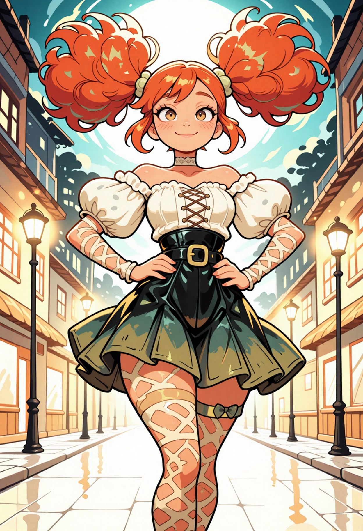 A whimsical folk art illustration with perfect symmetry,  featuring a tall girl with vibrant red hair styled in voluminous...