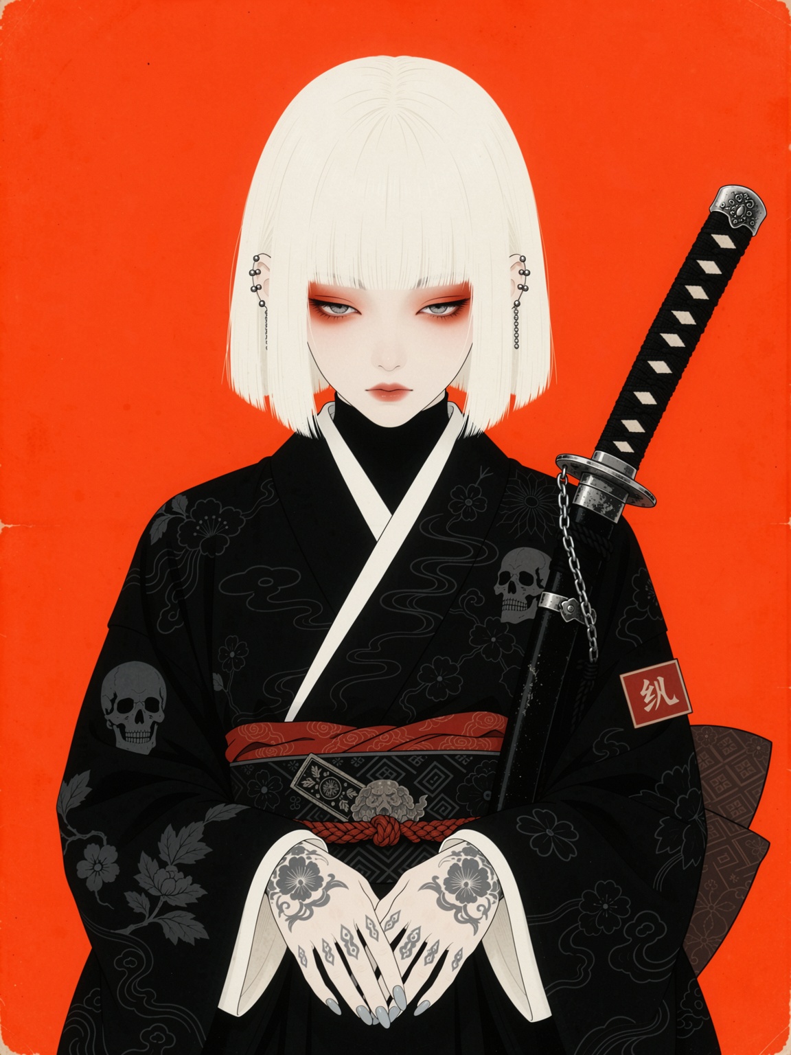 一张日式浮世绘元素与现代动漫结合的插画,  画风带有木刻版画般的平面质感与做旧纸纹,  线条沉稳 on Tensor.Art