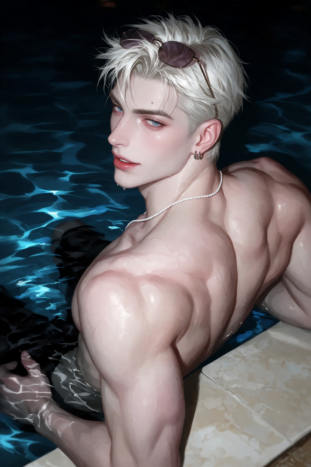 A striking,  high-contrast editorial nighttime photograph of a handsome man (white hair,  smirk) partially submerged in a...