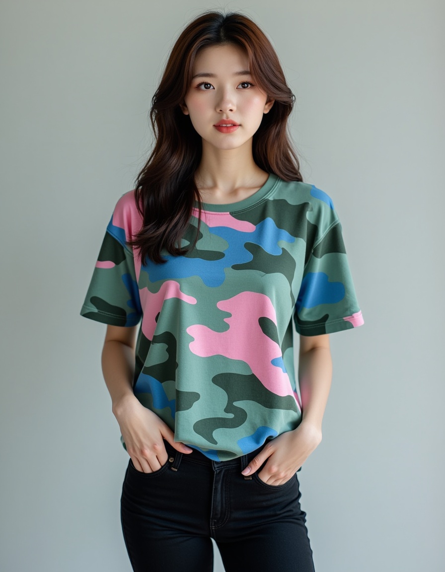 a real picture of a south korea woman,In Camouflage print t-shirt in vibrant shades of green,blue,and pink,Black skinny Jeans,