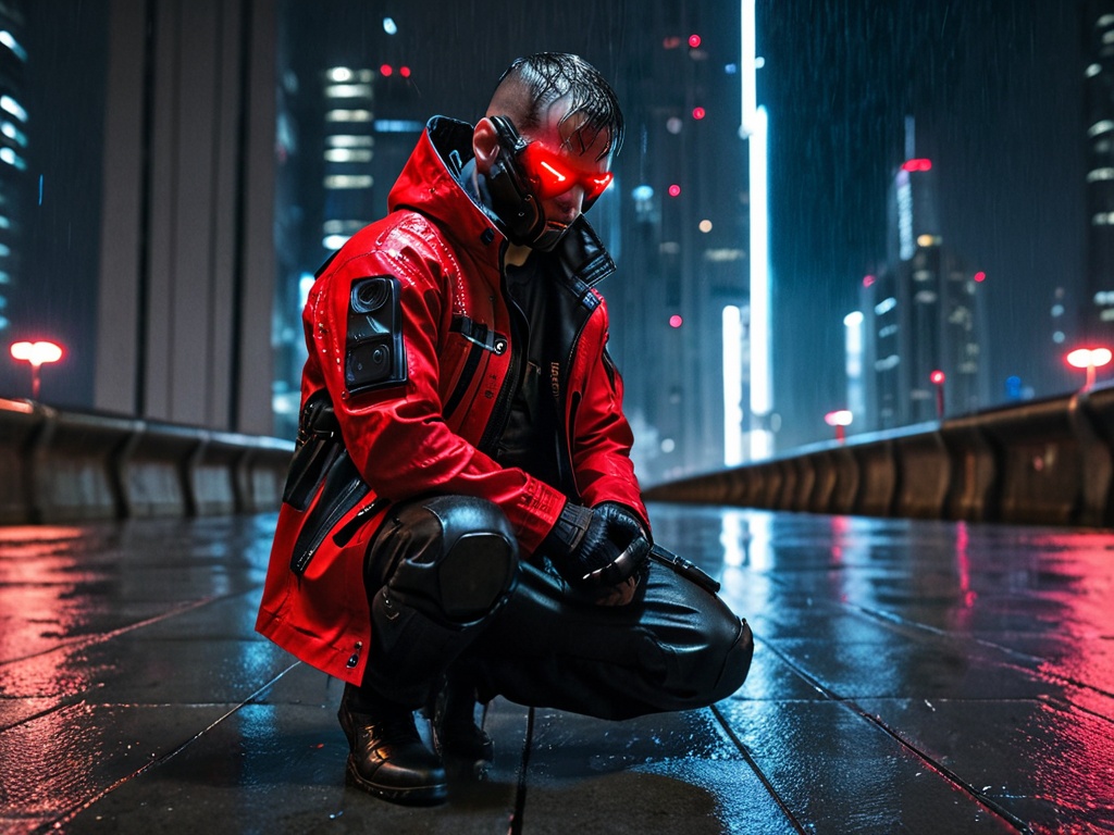 Cybernetically enhanced man,  kneeling on the edge of a skyscraper in a rainy cyberpunk city at night,  half of his face c...