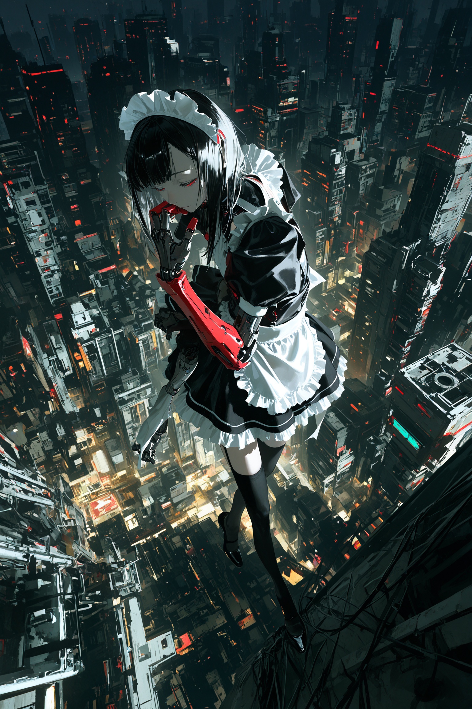 masterpiece, (dino_(dinoartforame):0.5),(yoneyama mai:0.5), from_above,scenery,city, 1girl,cyberpunk,steaechanical arm,maid,black_thighhighs,cowbody_shot,
