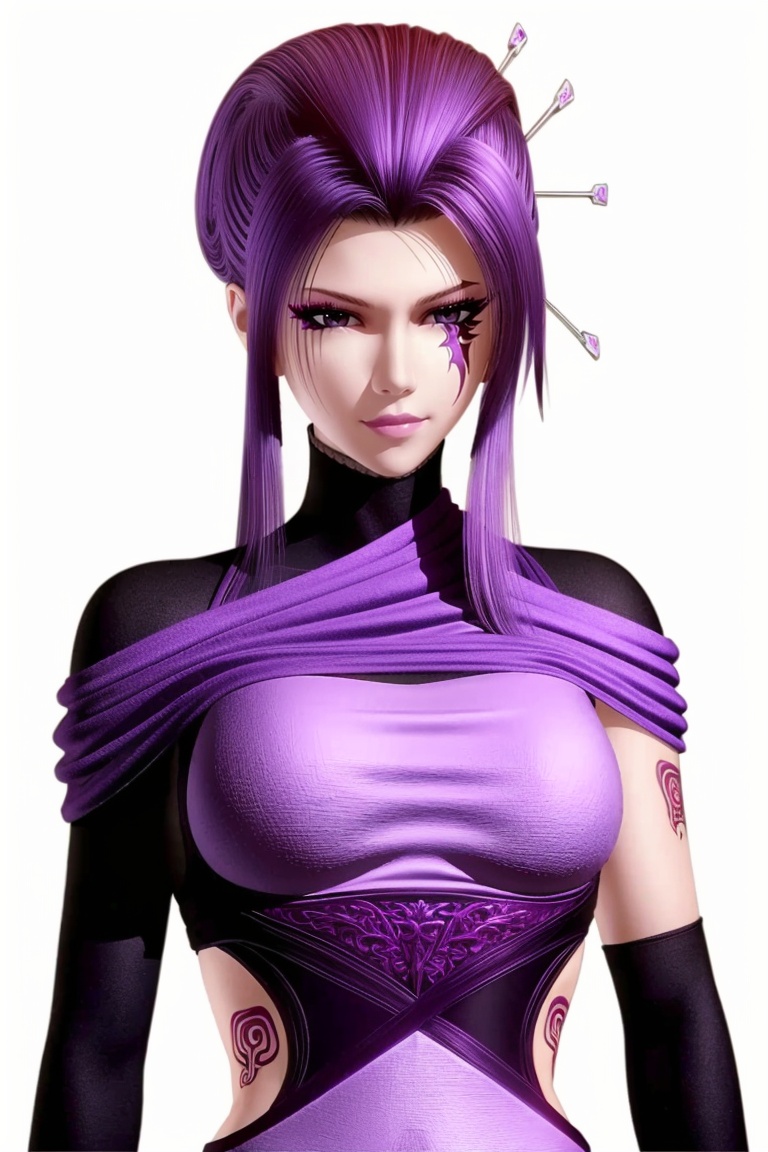 ((HRD, HUD, 8K)),((masterpiece, best quality)), highly detailed, soft light,1girl, solo, purple hair, hair ornament, hair stick, purple eyes, makeup, facial mark, scar, lips, lipstick,breasts, tattoo, dress, simple background, white background, upper body, standing, looking at viewer,  <lora:20240501-1714526892402:0.71>