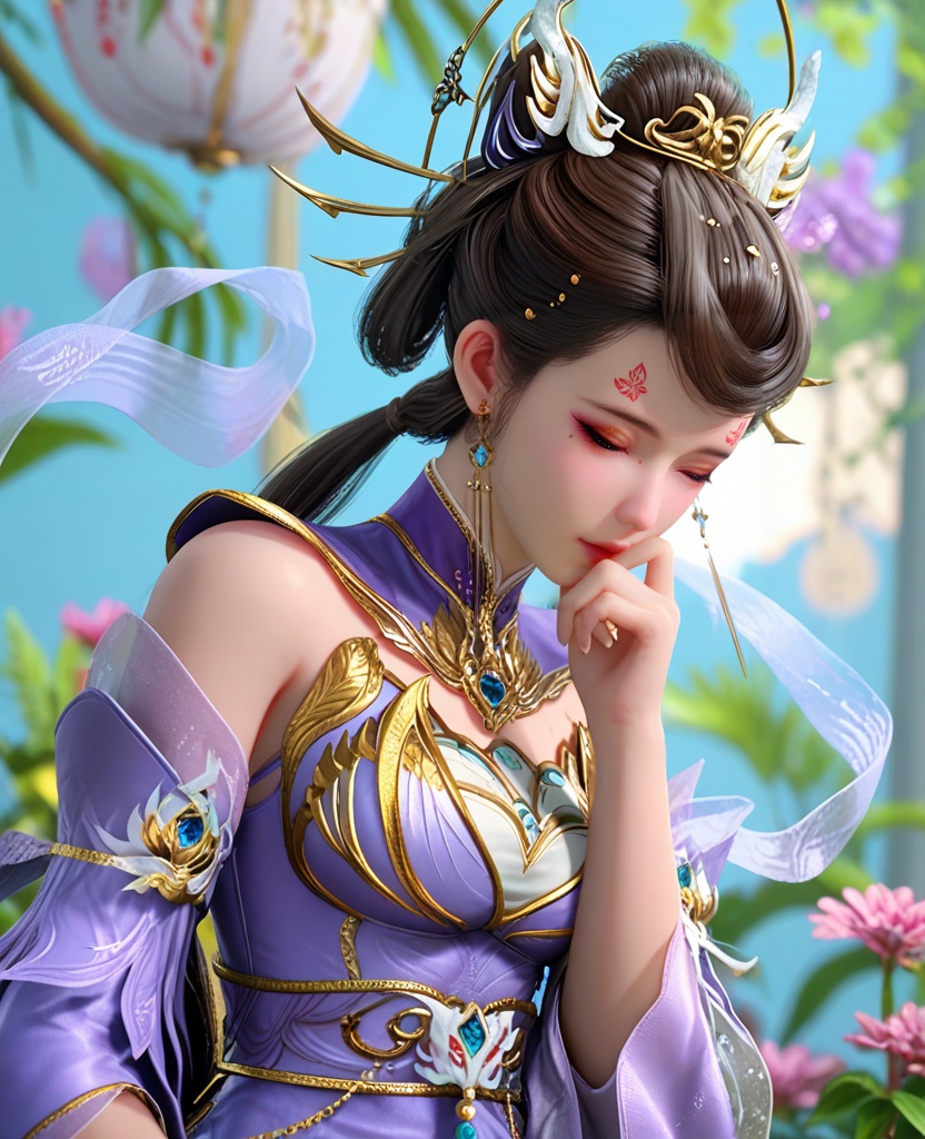 (oriental architecture, elegant decor, sophisticated style:1.1),(Standing in a garden, smelling a flower, with closed eyes, enjoying the fragrance,:1.1),(breasts:1.2),<lora:XL师兄啊狐狸精小兰:0.95>,miss xiaolan,purple tight dress,forehead butterfly mark,mole under right eye,black hair,twintails,hair bun,blue eyes,bare shoulders,earrings,jewelry,hair ornament,blue gemstone,detached sleeves,shawl,, score_9,score_8_up,score_7_up,score_6_up,score_5_up,score_4_up,3d rendering,tag1,tag2, Cinematic Lighting,backlighting,