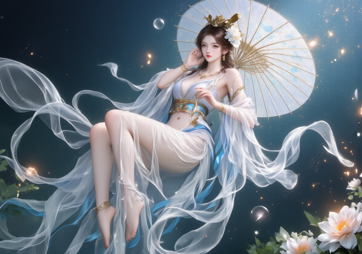 guofeng191,191houtu,sanguo191,191houtu,cheerful colors,stunning,highly detailed,8k,atmospheric,scuff gradient,(oil painting:0.75),(splash:0.75),(acrylic paint:0.75),oil painting,1girl,solo,bubble,bare foot,jewlry,neckalce,blue eyes,brown hair,underwater,looking at viewer,hair ornament,hair flower,skirt,floating hair,closed mouth,navel,bracelet,breasts,air bubble,cleavage,hand on own face,midriff,gem,full body,flower,191 houtu,Cheerful,barefoot,full body,colorful,stunning,highly detailed,8k,oil painting,1 girl,solo,bubbles,barefoot,jewelry,necklace,blue eyes,white hair,underwater,looking at the audience,hair accessories,hair flowers,skirts,floating hair,full body,flower bubbles,barefoot,jewelry,necklace,looking at the audience,hair accessories,Hair flower,skirt,floating hair,navel,bracelet,chest,bubble,breast,holding ancient Chinese oil-paper umbrella,white printed oil-paper umbrella,leaking navel,Dunhuang style clothing,gems,whole body,flowers,Chinese clothing,writing "Happy New Year" on a dark background with ignited fireworks sparks,realistic,warm colors,painting,((nude:1)),(((small breasts:1))),(bare shoulders:0.85),(Glowing ambiance, enchanting radiance, luminous lighting, ethereal atmosphere, mesmerizing glow, evocative hues, captivating coloration, dramatic lighting, enchanting aura),((nude:1)),(boobs naked:0.55),((moon:1)),((tullece:1.4)),(a woman in a white dress is floating on the moon, traditional chinese clothing, realistic fantasy photography, sleepwear, in a jumping 