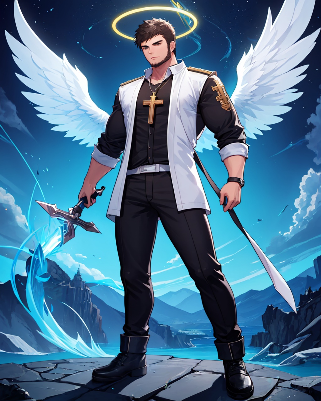 masterpiece,best quality, highly detailed, male priest (dungeon and fighter), solo, 1boy, cross necklace, muscular male, priest, bara, stubble, full body, sideburns, floating, flying, wings, alternate costume, thick thighs, pectorals, glowing weapon, magic, goatee, angel, halo,<lora:male_priest_(dungeon_and_fighter):1>