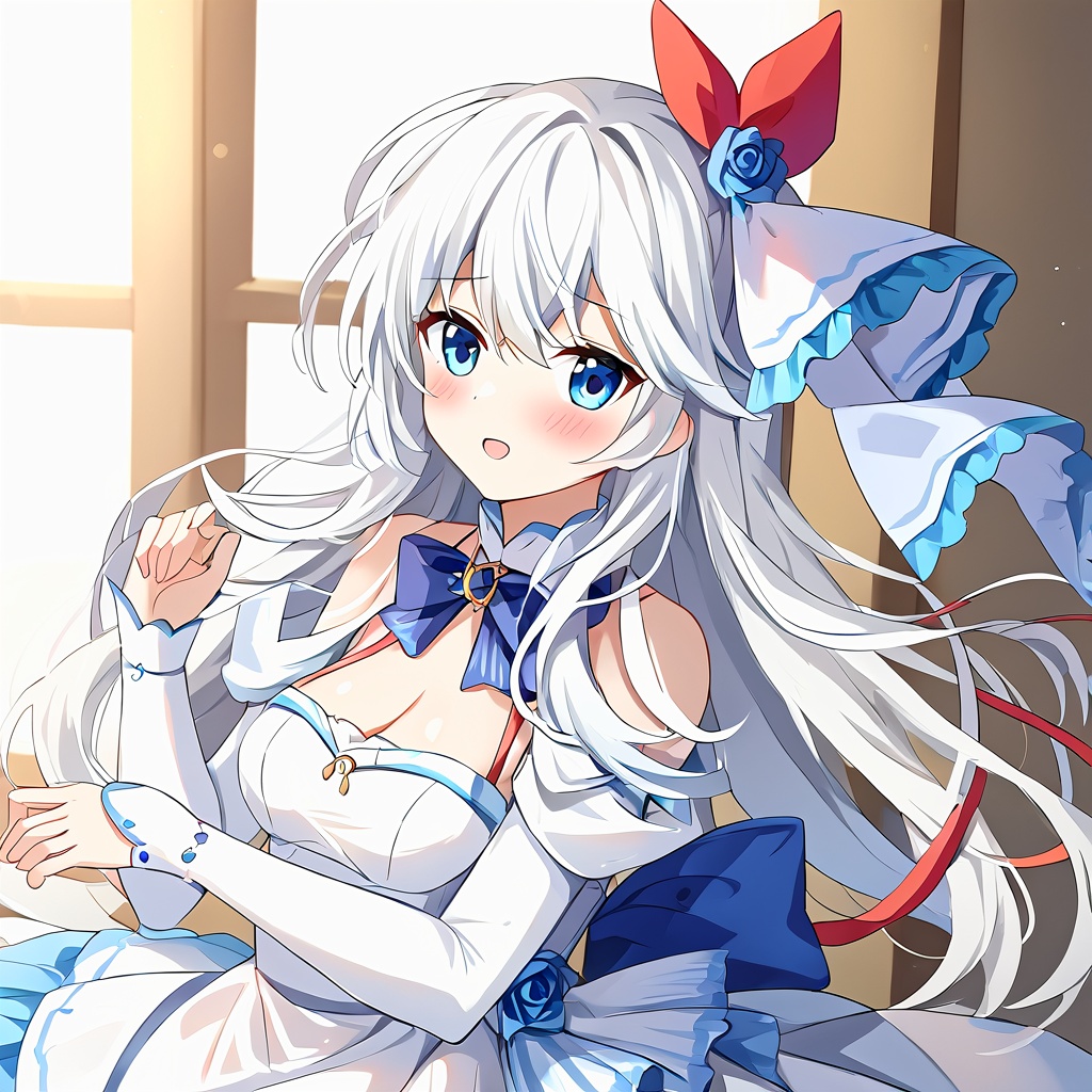 1girl,solo,white hair,long hair,<lora:蜜蕊可4.0:1>,white dress,blush,