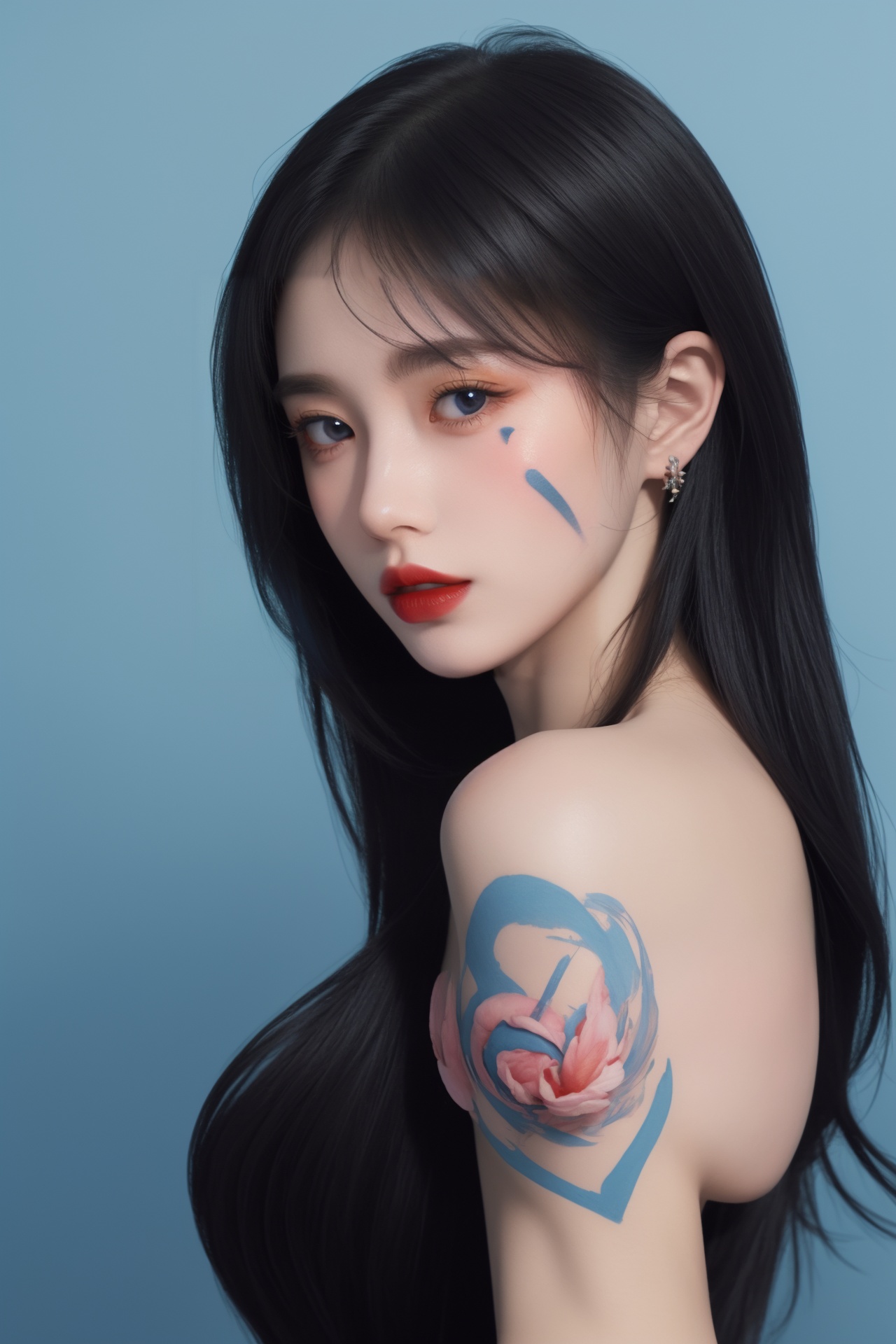 1girl, arm tattoo, bangs, bare shoulders, blue background, blue eyes, blue hair, body writing, breasts, facepaint, facial mark, facial tattoo, gradient, gradient background, hair ornament, heart tattoo, lips, lipstick, long hair, makeup, medium breasts, number tattoo, parted lips, red lips, shoulder tattoo, sleeveless, solo, tattoo, upper body <lora:绘画美女1.0:0.8>
