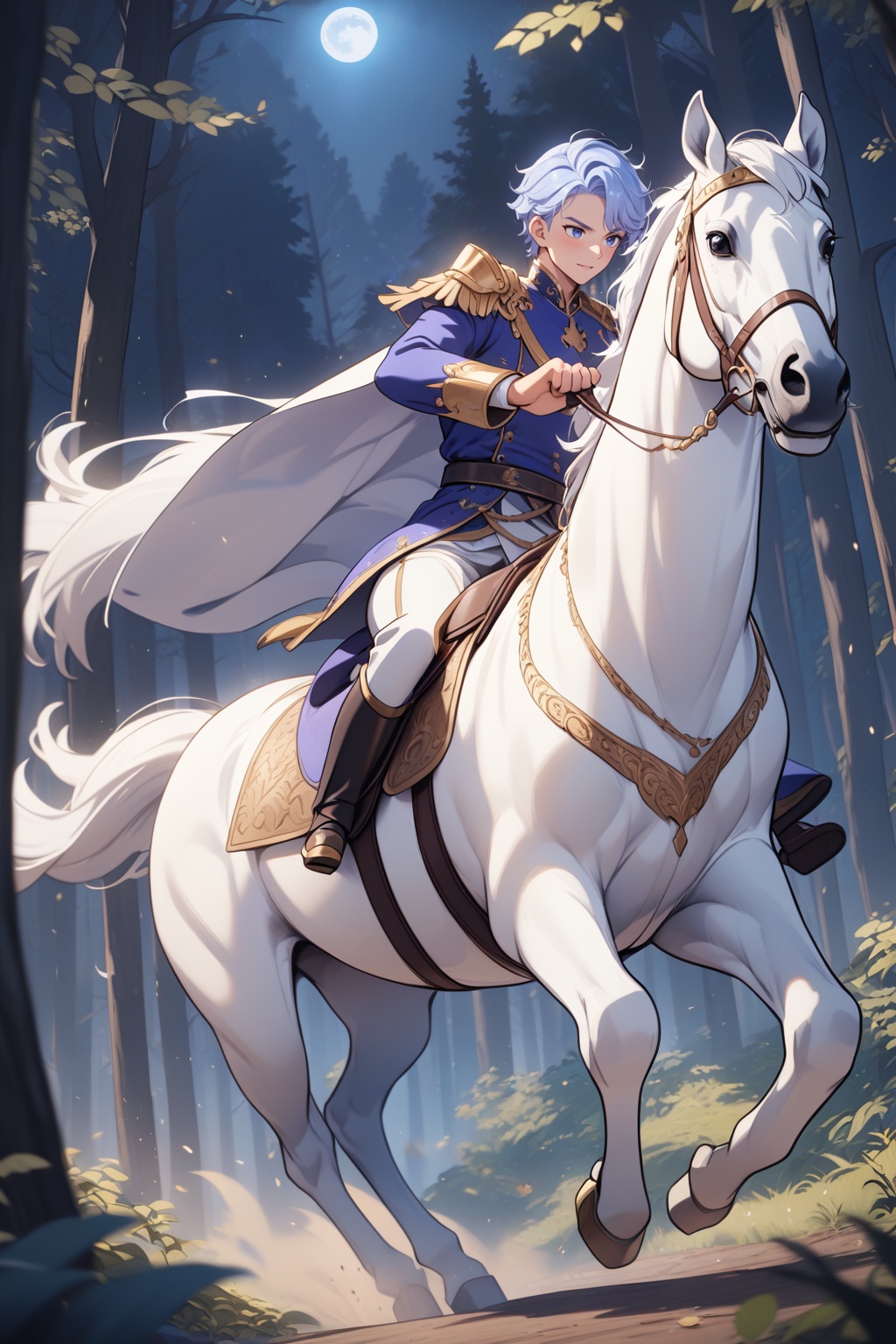 1boy,The prince is riding a white horse galloping through the forest at night,short hair,cinematic photo,4k,highly detailed,uhd image,intricate details,detailed scene background,detailed,<lora:糖果森林_XL_LoRA_v1.1:1.3>,, masterpiece,best quality,very aesthetic,absurdres,