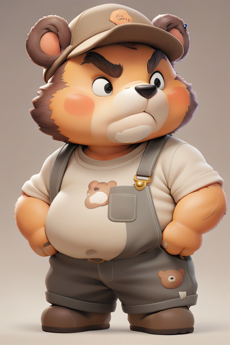 An animated bear character stands confidently, dressed in casual attire. The bear wears a beige t-shirt with the word 'Barn' written on it, gray overalls, and brown shoes. The character has a brown hat, and its facial expression is neutral., bear ears, solo, 1boy, clothes writing, male focus, shirt, standing, thick eyebrows, brown background, overalls, animal ears, brown hair, hat, gradient background, short sleeves, white shirt, fat, gradient, simple background, closed mouth, furry, full body, black eyes, brown headwear, brown fur, brown footwear, plump, denim, t-shirt, (masterpiece,best quality:1.2)